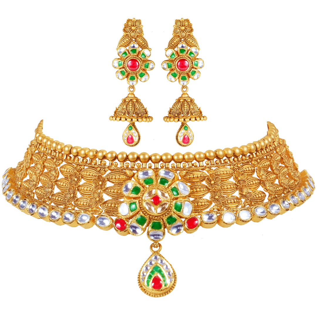 Ornamental Antique Choker Set with Kundan Gemstones in 22K Gold
