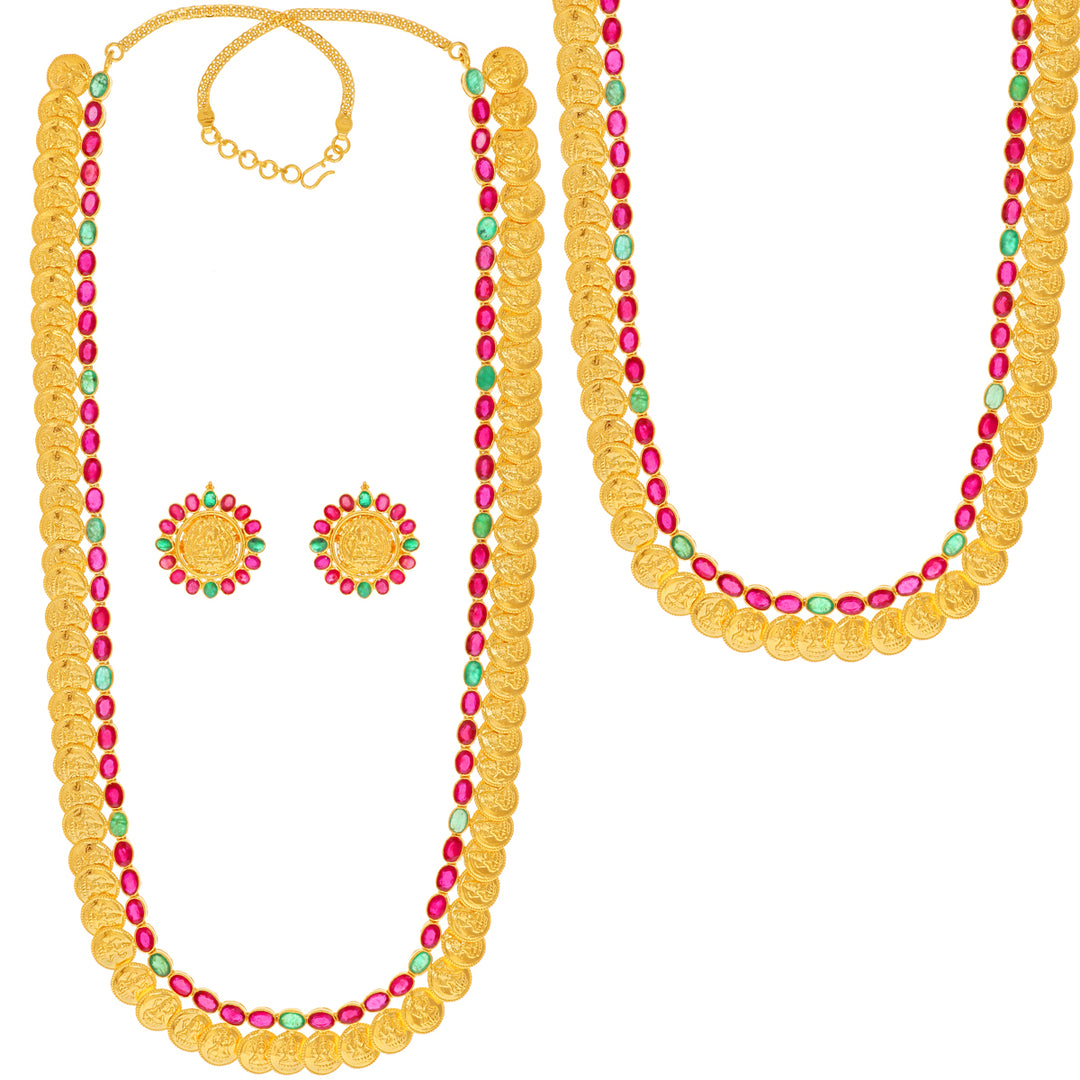 Alluring Antique Laxmi Coin Patta Haaram With Ruby & Emerald in 22K Gold