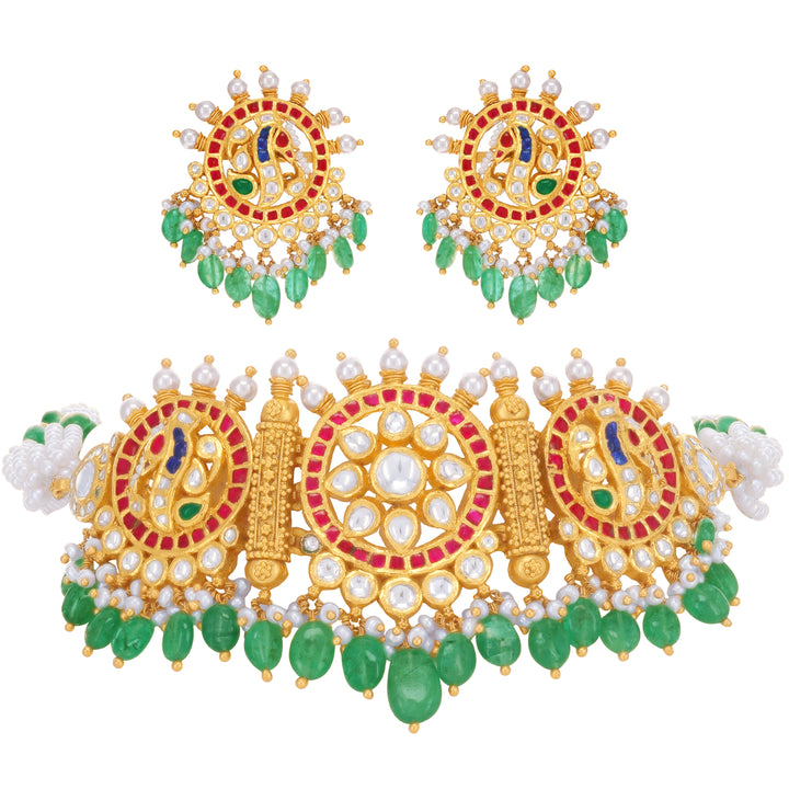 Enchanting Antique Choker Set With Kundan & Gemstones in 22K Gold