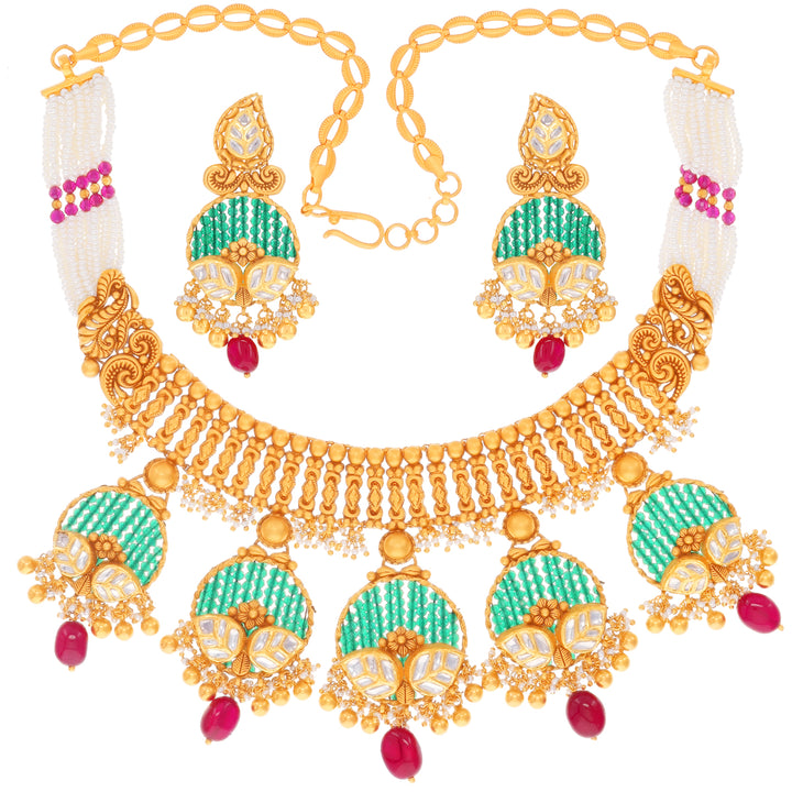 Delightful Antique Necklace Set With Kundan & Gemstones in 22K Gold