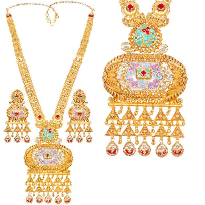 Classic Antique Minakari Patta Haaram With Kundan & Gemstones in 22K Gold