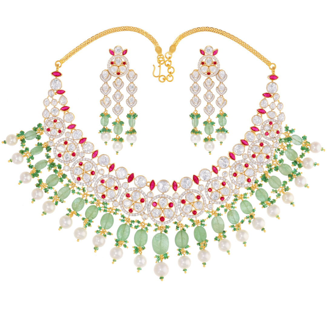 Graceful Antique Necklace Set With Kundan & Gemstones in 18K Gold