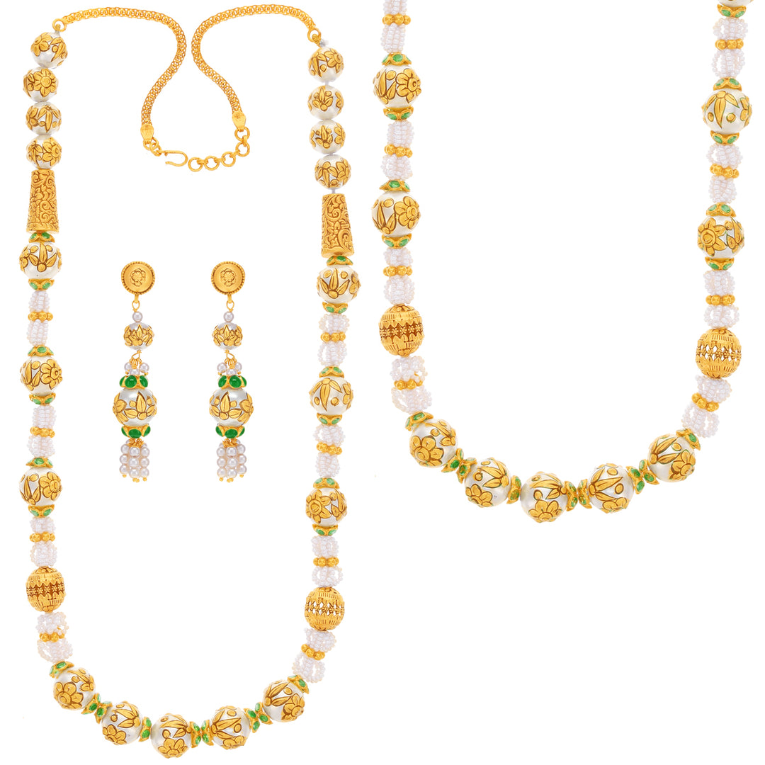 Artistic Antique Paata Haaram With Pearl & Emerald in 22K Gold
