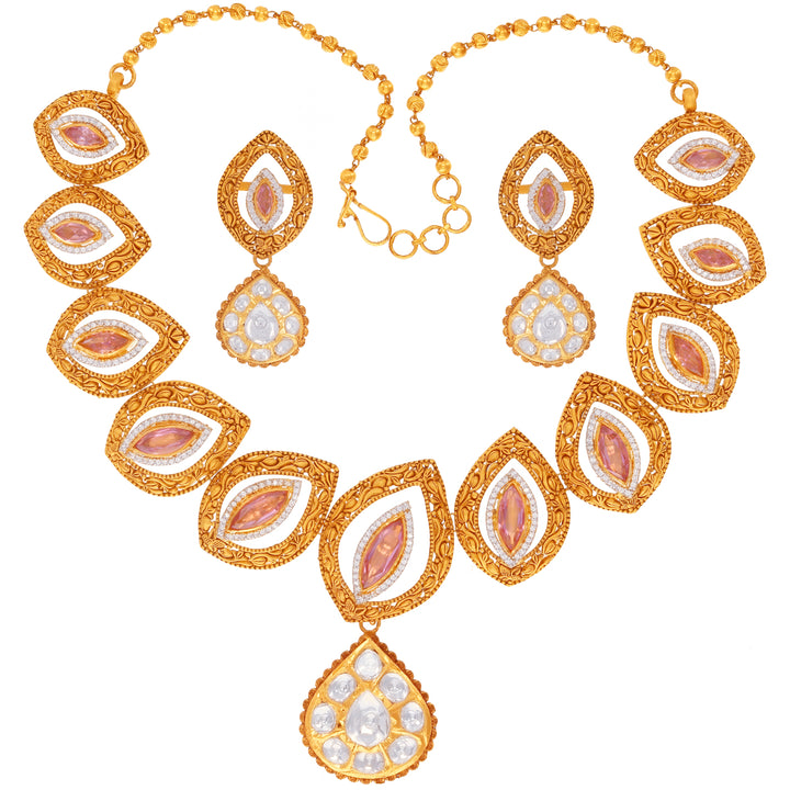 Ravishing Antique Necklace Set With Kundan & Gemstones in 22K Gold