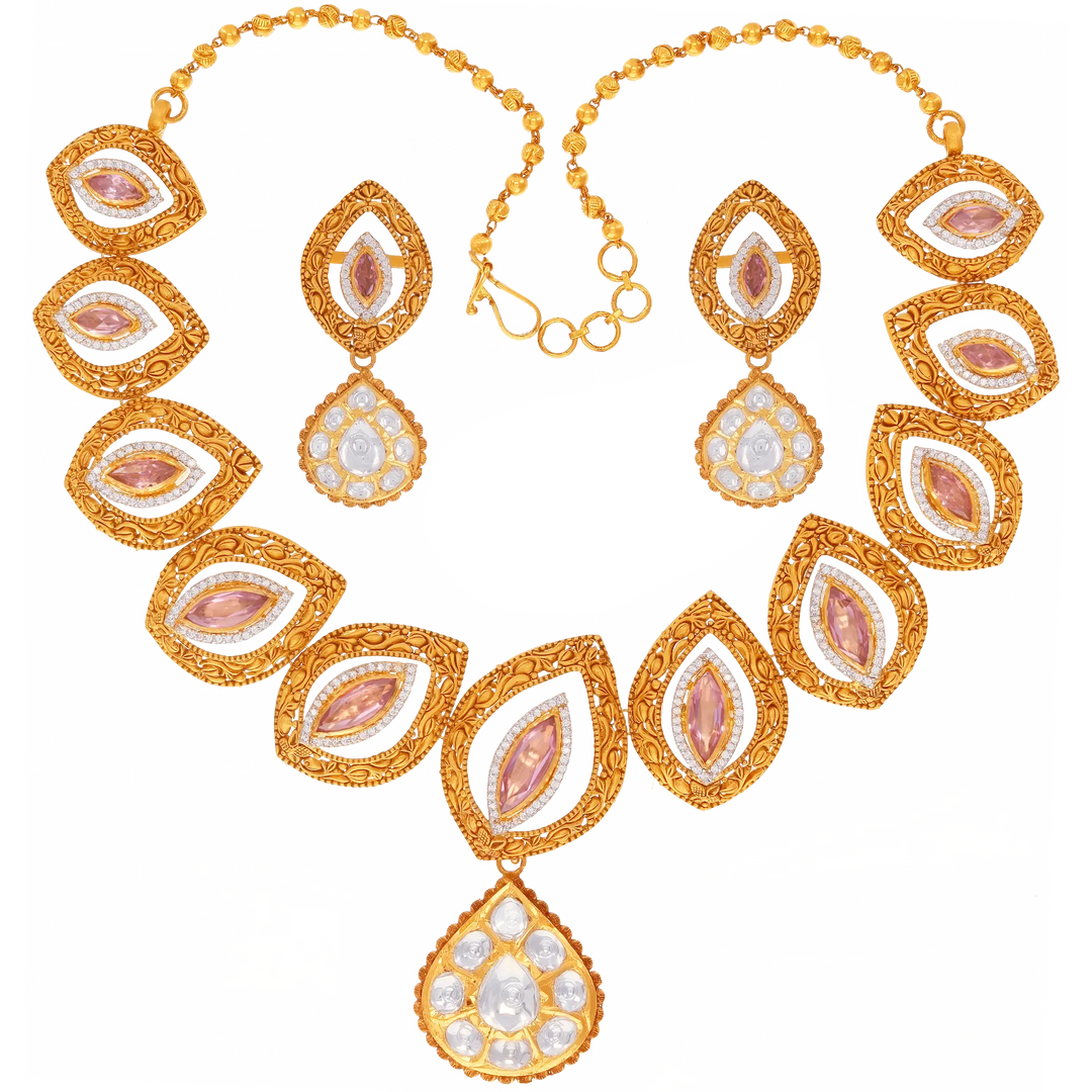 Ravishing Antique Necklace Set With Kundan & Gemstones in 22K Gold