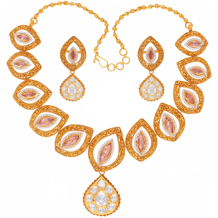Ravishing Antique Necklace Set With Kundan & Gemstones in 22K Gold