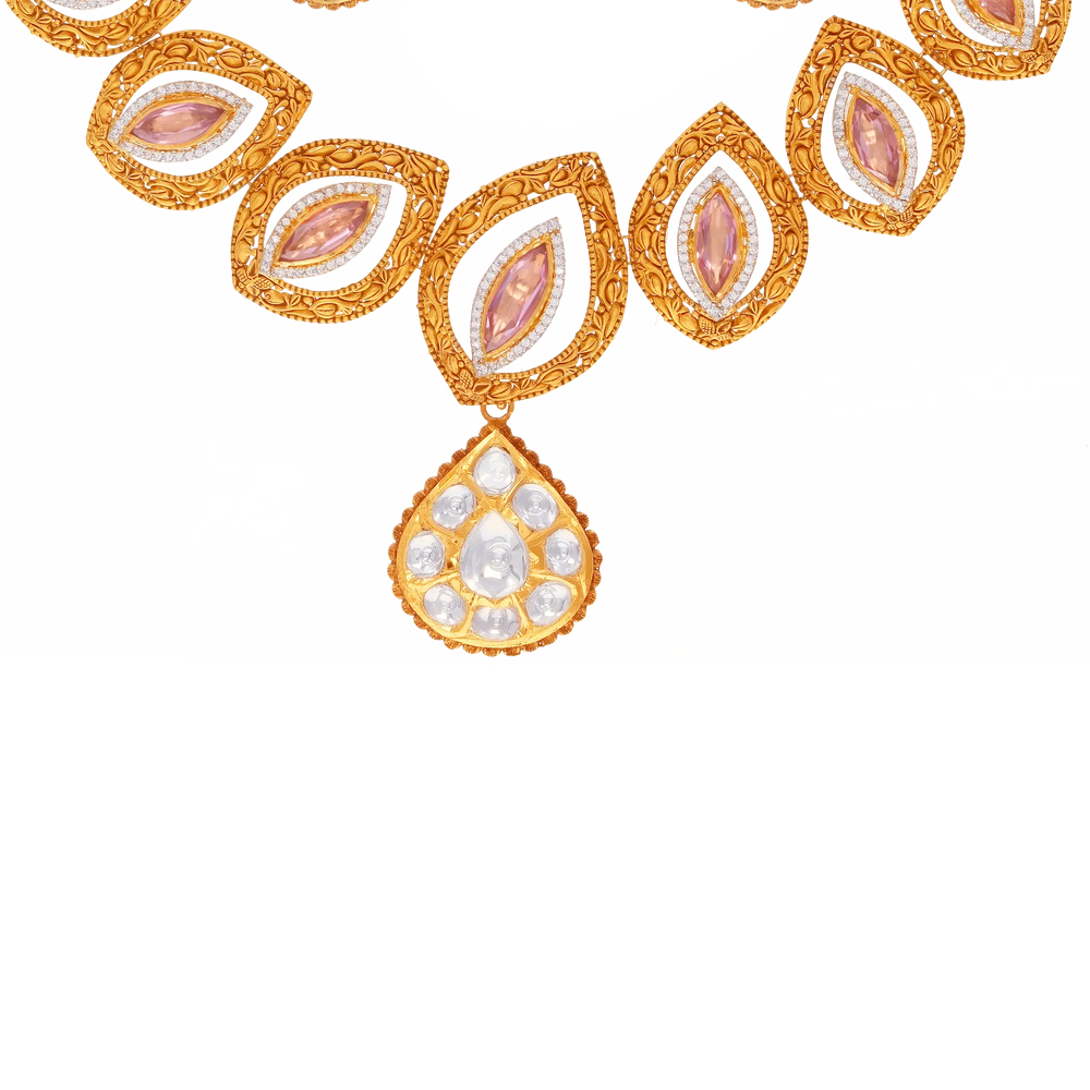 Ravishing Antique Necklace Set With Kundan & Gemstones in 22K Gold