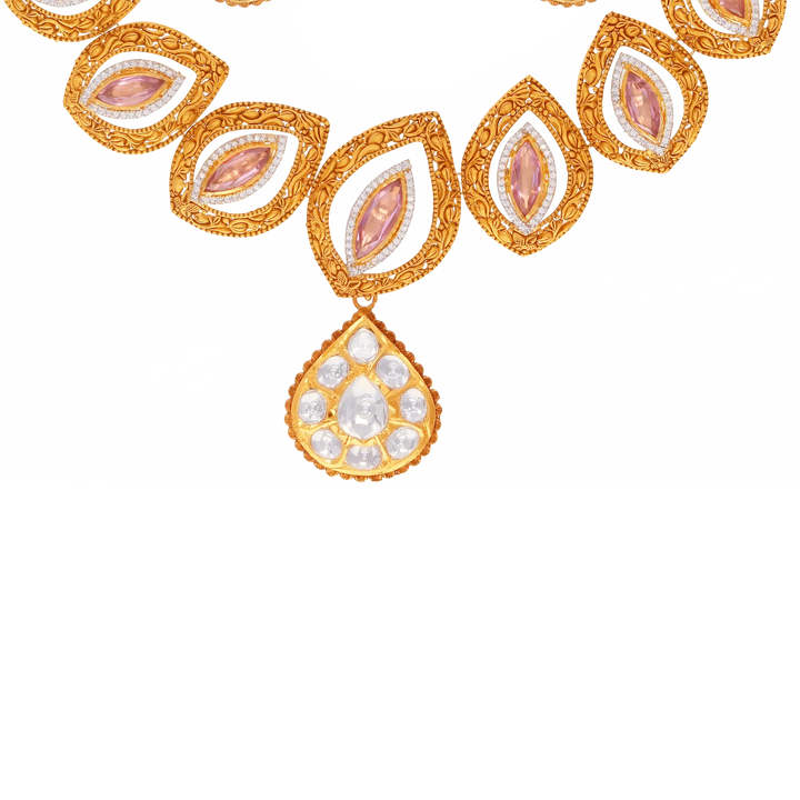 Ravishing Antique Necklace Set With Kundan & Gemstones in 22K Gold