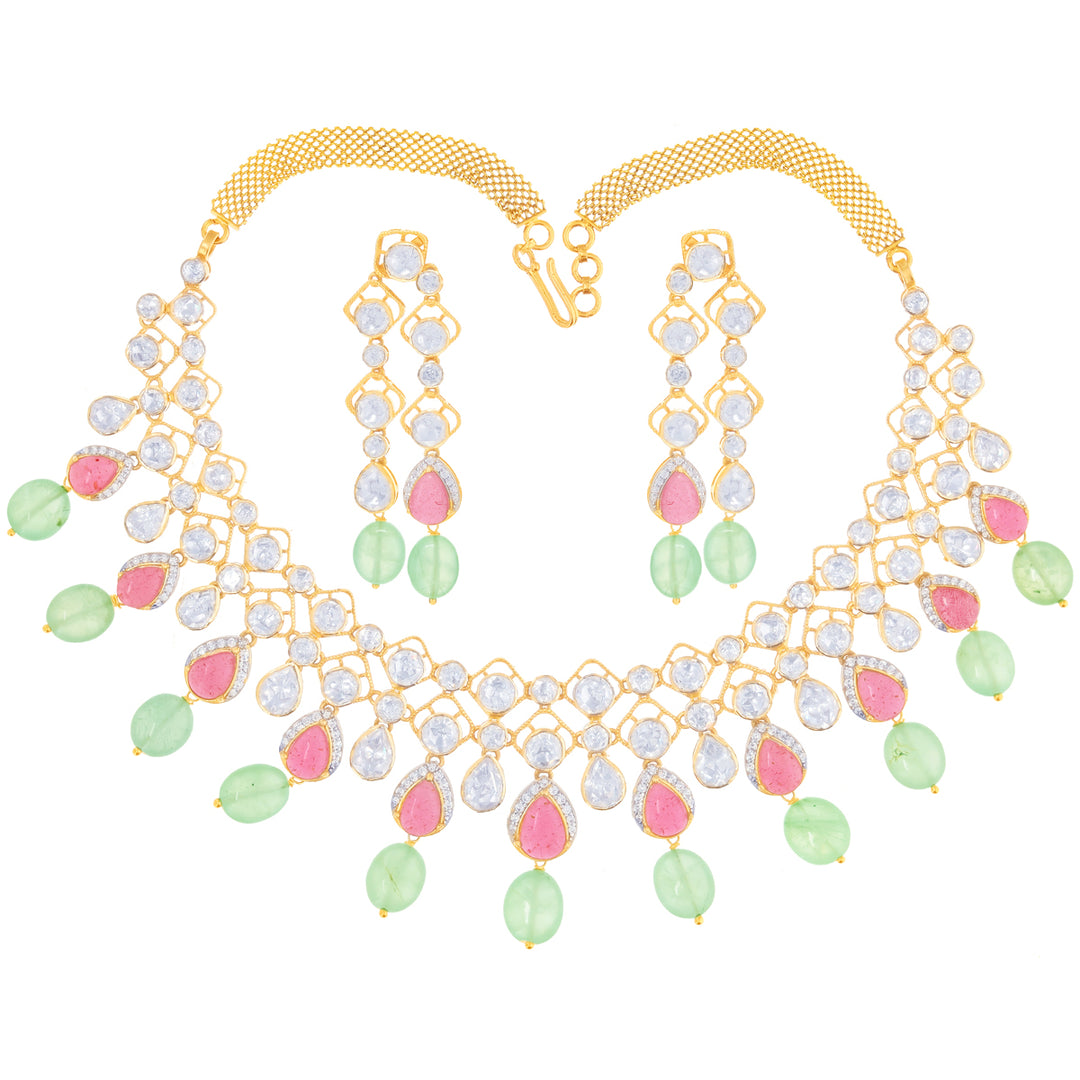 Beautiful Antique Necklace Set With Kundan & Gemstones in 18K Gold