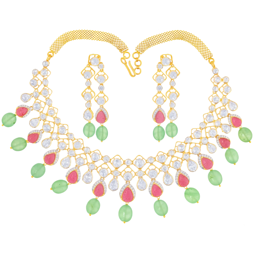 Beautiful Antique Necklace Set With Kundan & Gemstones in 18K Gold