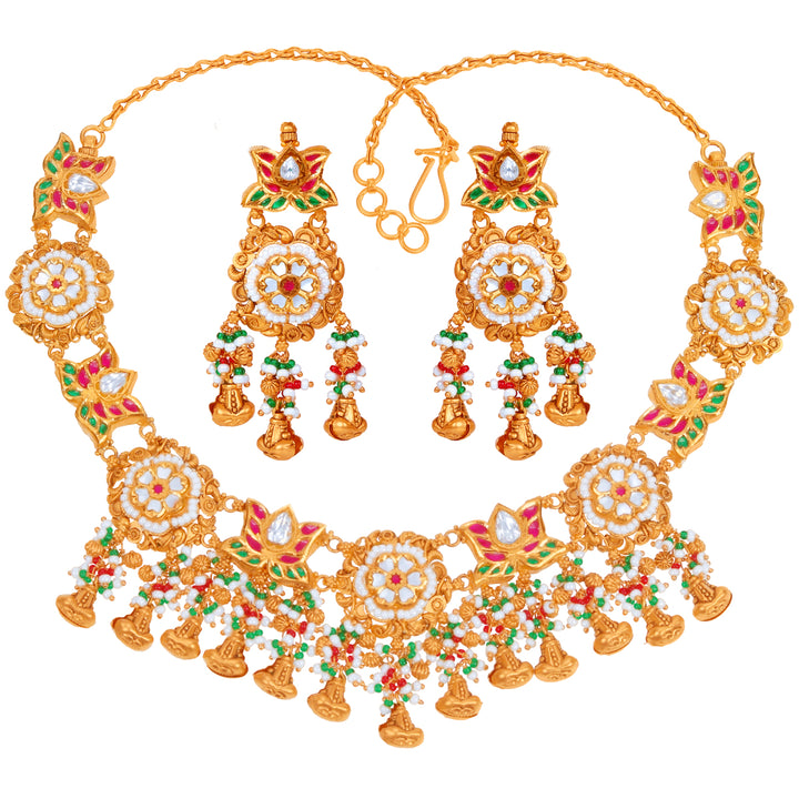 Gorgeous Antique Necklace Set With Kundan & Gemstones in 22K Gold