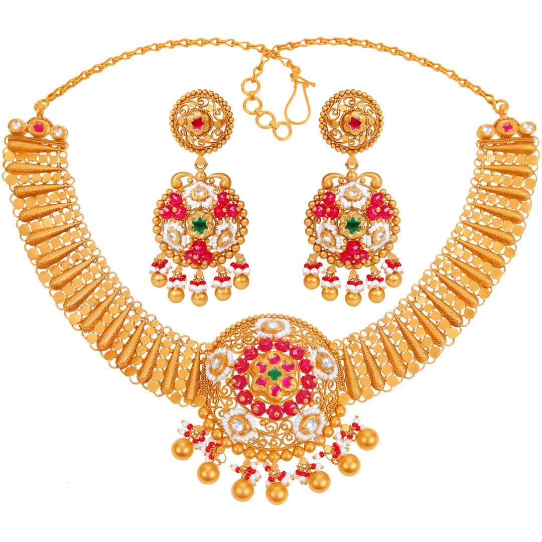 Stunning Antique Necklace Set With Kundan & Gemstones in 22K Gold