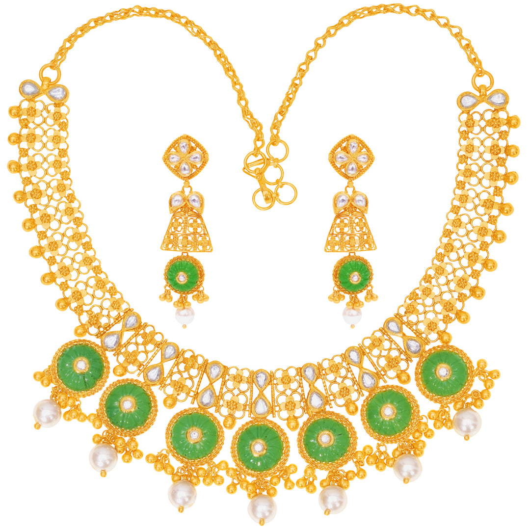 Ravishing Antique Necklace Set With Kundan & Gemstones in 22K Gold