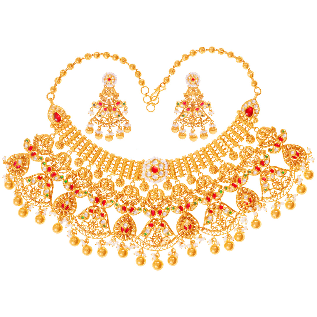 Artistic Antique Necklace Set With Kundan & Gemstones in 22K Gold