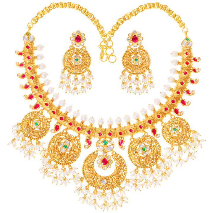 Elegant Antique Necklace Set With Kundan & Gemstones in 22K Gold