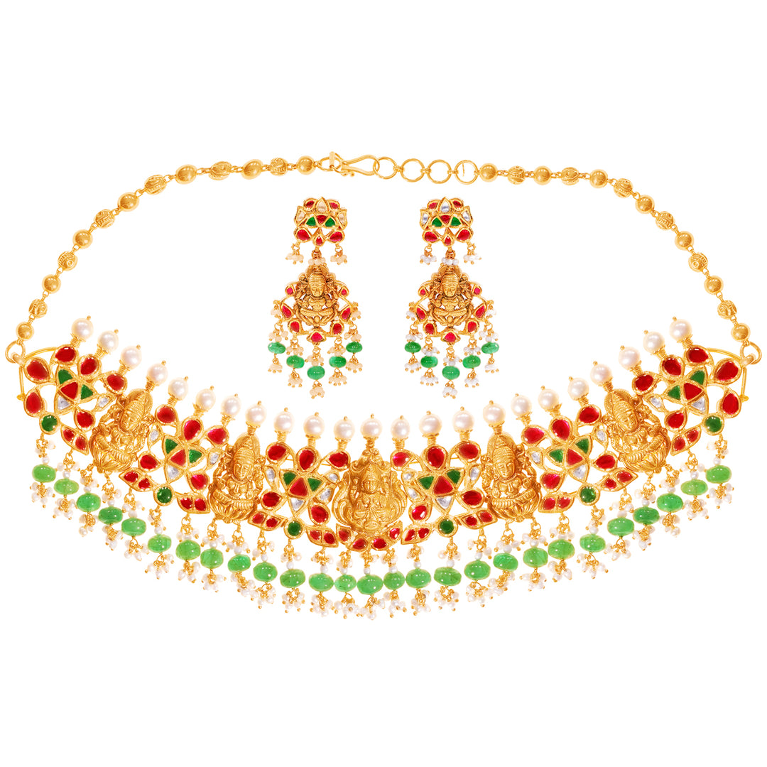 Brilliant Laxmi Antique Choker Set With Kundan & Gemstones in 22K Gold