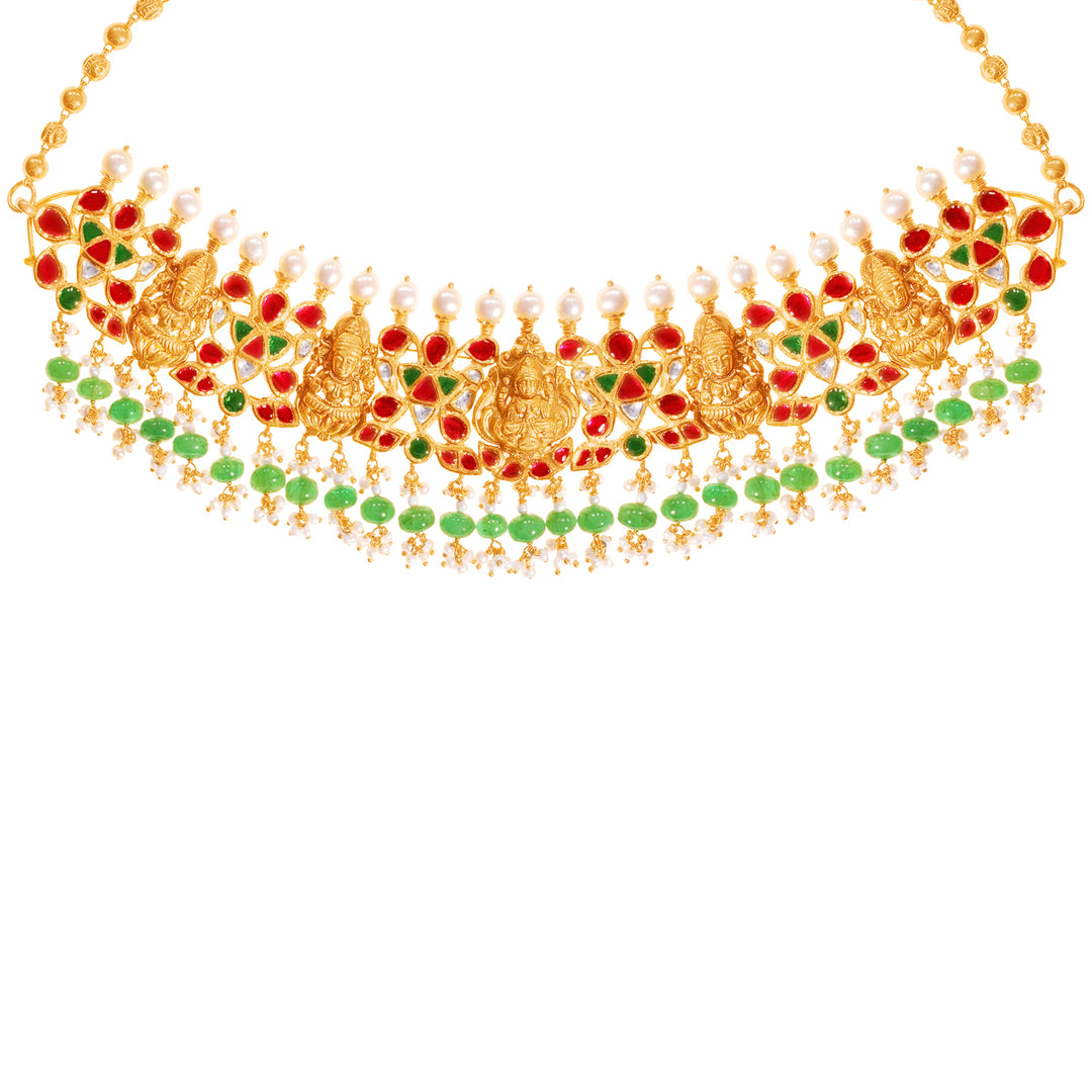 Brilliant Laxmi Antique Choker Set With Kundan & Gemstones in 22K Gold