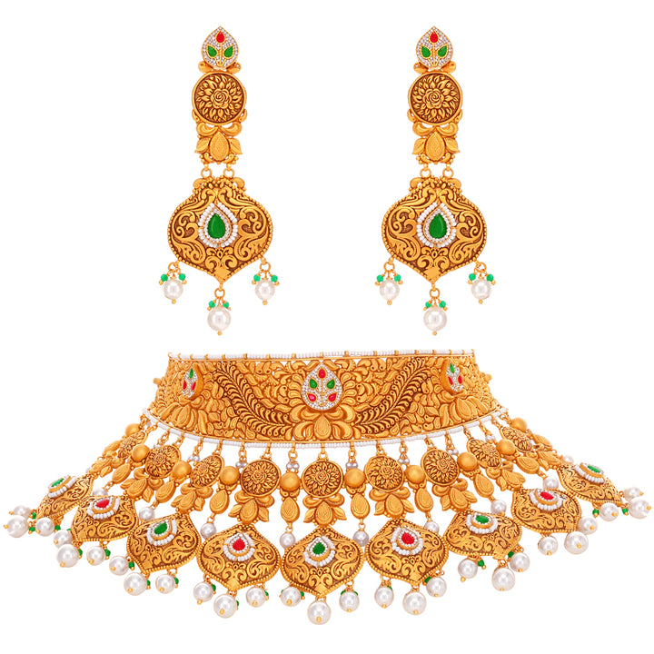 Ravishing Antique Choker Set & Maang Tikka With Gemstones in 22K Gold