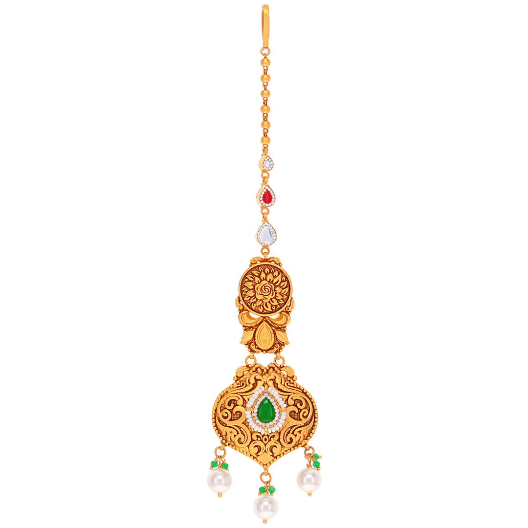 Ravishing Antique Choker Set & Maang Tikka With Gemstones in 22K Gold