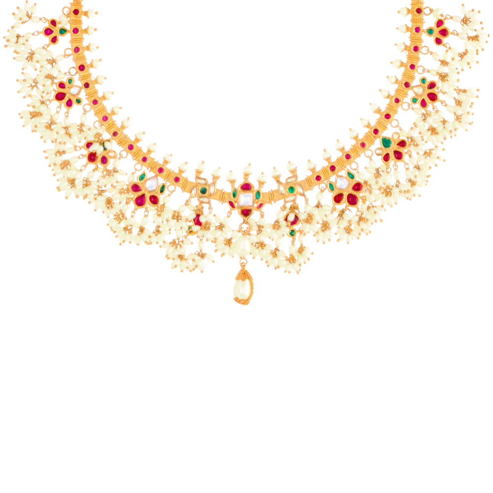 Delightful Antique Gutta Pusalu Necklace Set With Kundan & Pearl in 22K Gold