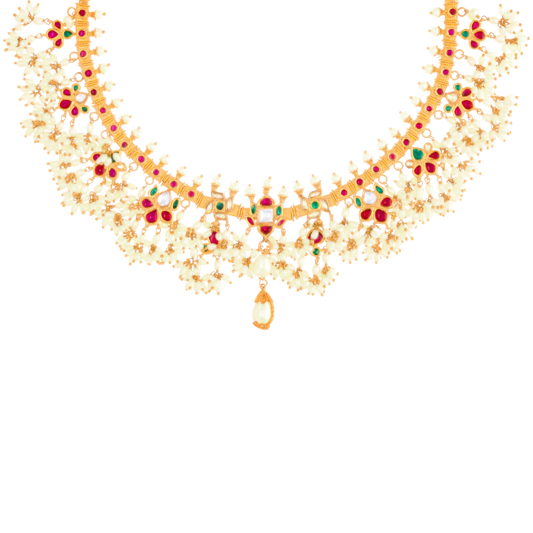 Delightful Antique Gutta Pusalu Necklace Set With Kundan & Pearl in 22K Gold