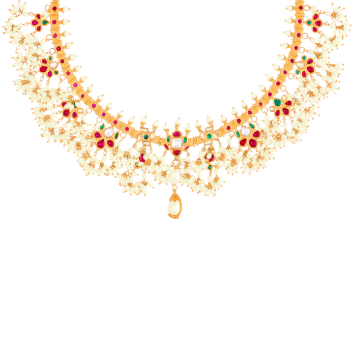 Delightful Antique Gutta Pusalu Necklace Set With Kundan & Pearl in 22K Gold