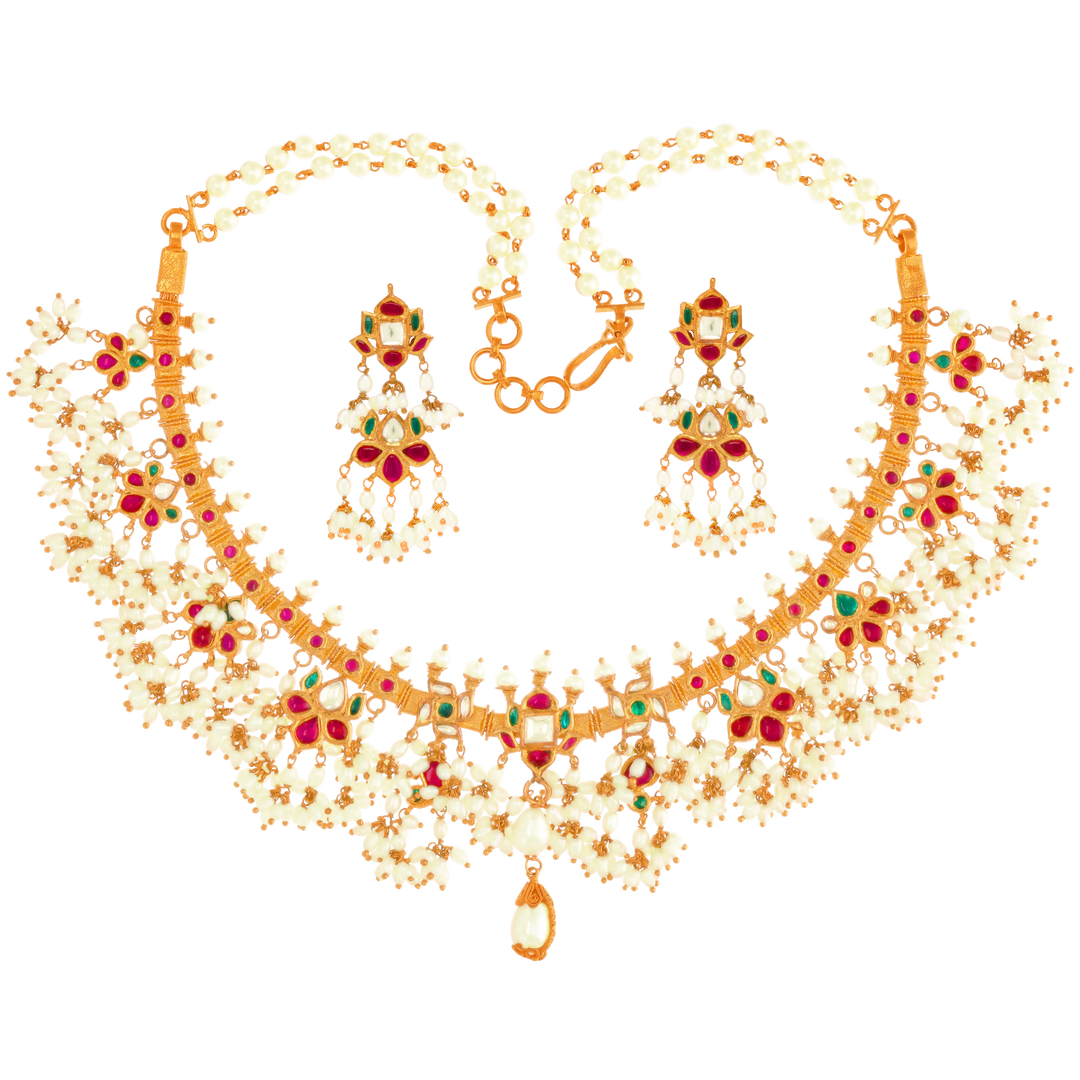 Delightful Antique Gutta Pusalu Necklace Set With Kundan & Pearl in 22K Gold