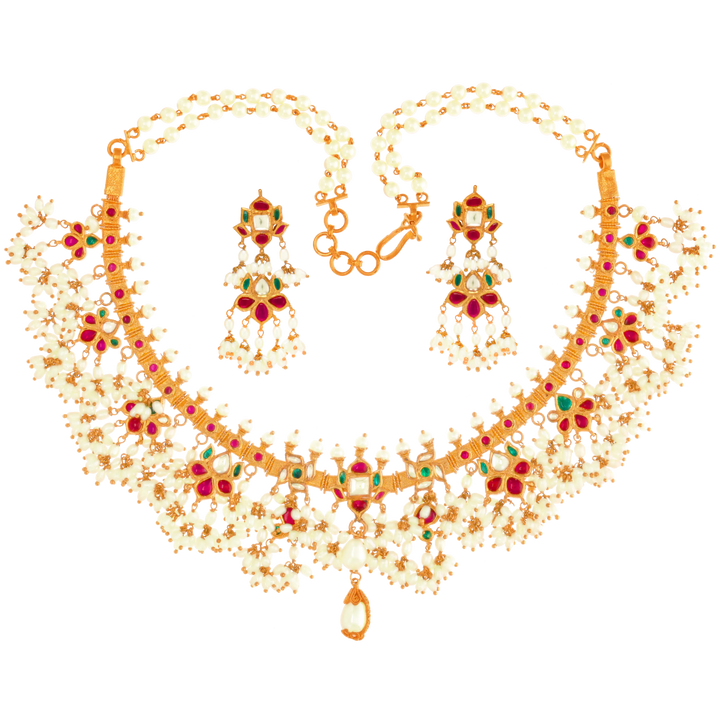 Delightful Antique Gutta Pusalu Necklace Set With Kundan & Pearl in 22K Gold