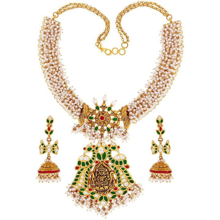 Artistic Antique Laxmi Necklace Set with Gemstones in 22K Gold