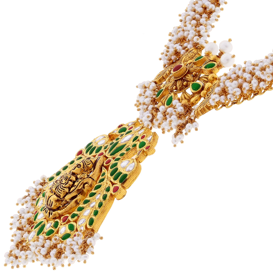 Artistic Antique Laxmi Necklace Set with Gemstones in 22K Gold