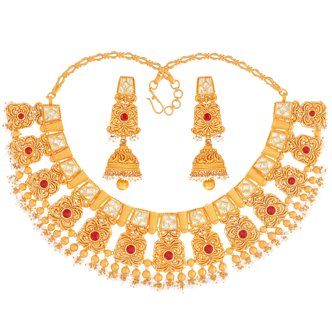 Intricate Antique Necklace Set With Kundan & Gemstones in 22K Gold