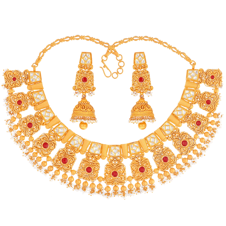 Intricate Antique Necklace Set With Kundan & Gemstones in 22K Gold