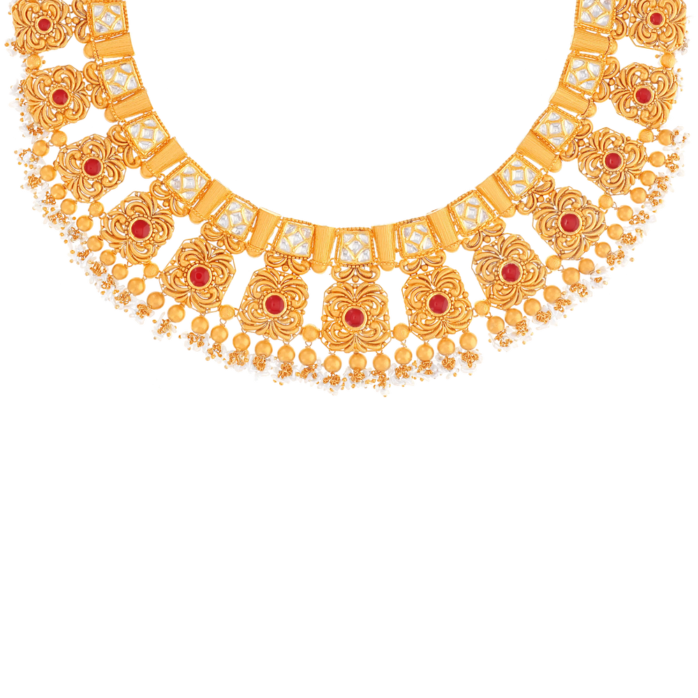 Intricate Antique Necklace Set With Kundan & Gemstones in 22K Gold