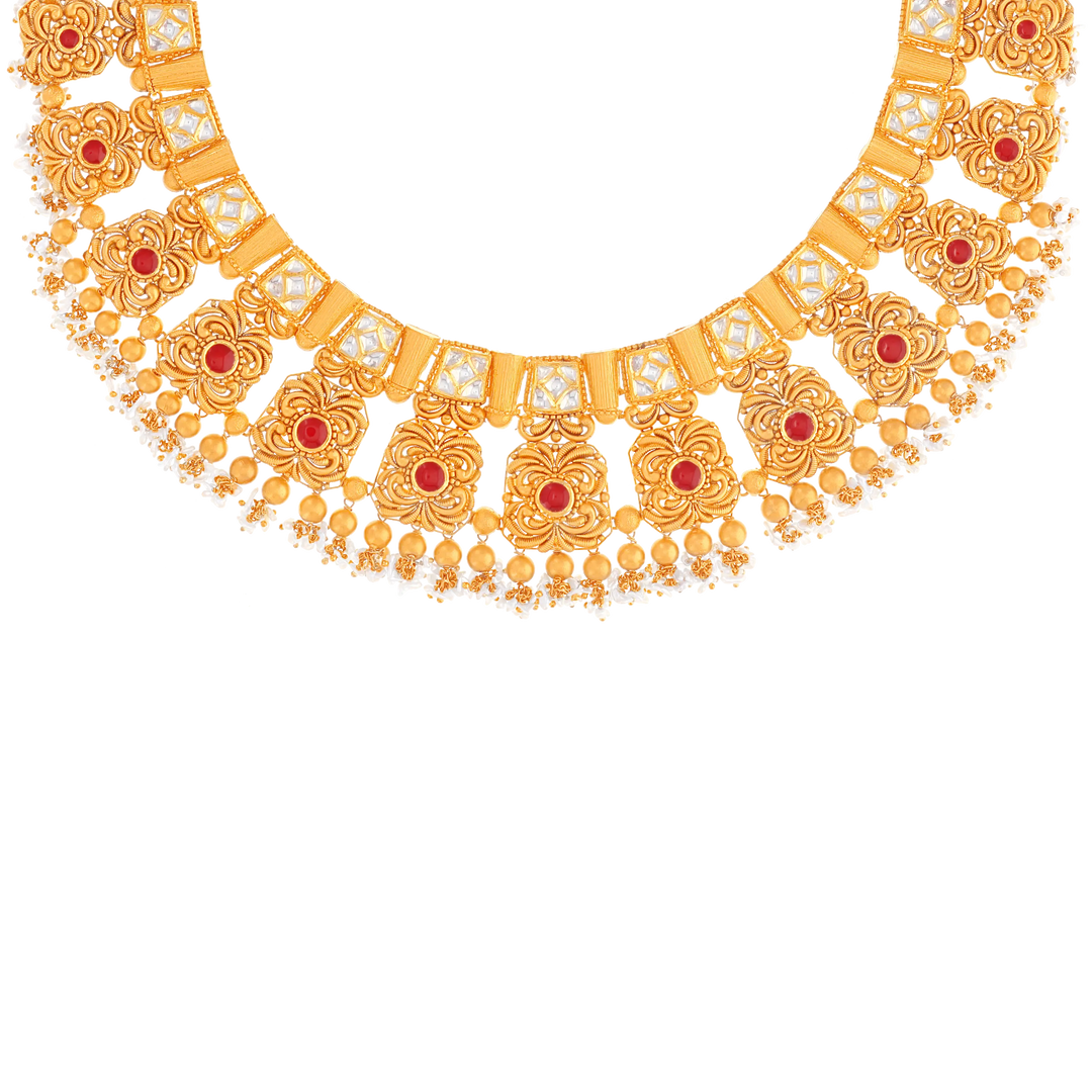 Intricate Antique Necklace Set With Kundan & Gemstones in 22K Gold