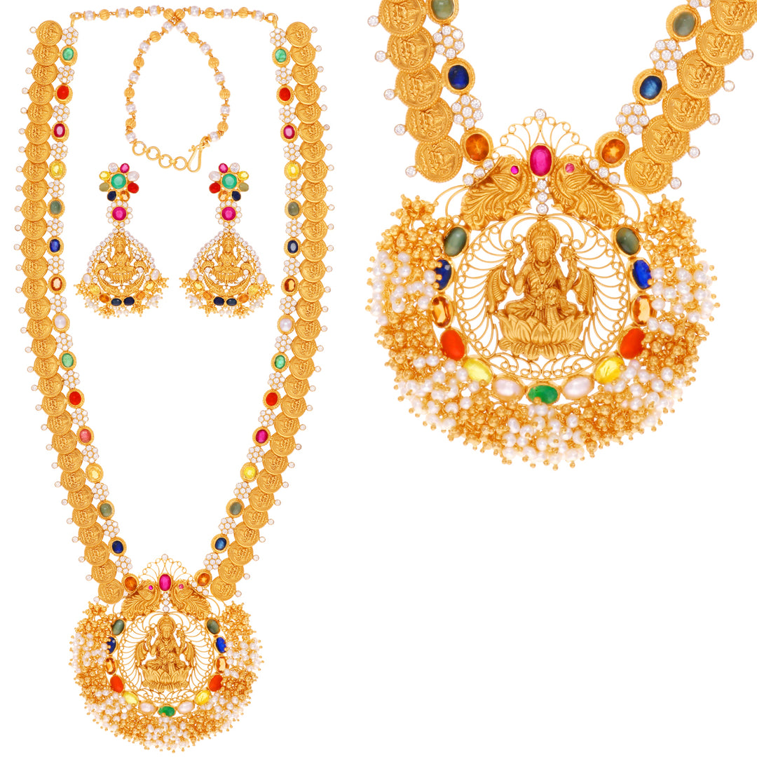 Intricate Antique Laxmi Coin Patta Haaram With Navratan in 22K Gold