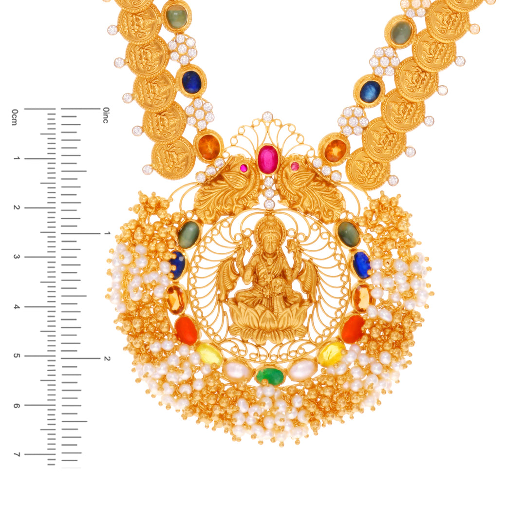 Intricate Antique Laxmi Coin Patta Haaram With Navratan in 22K Gold