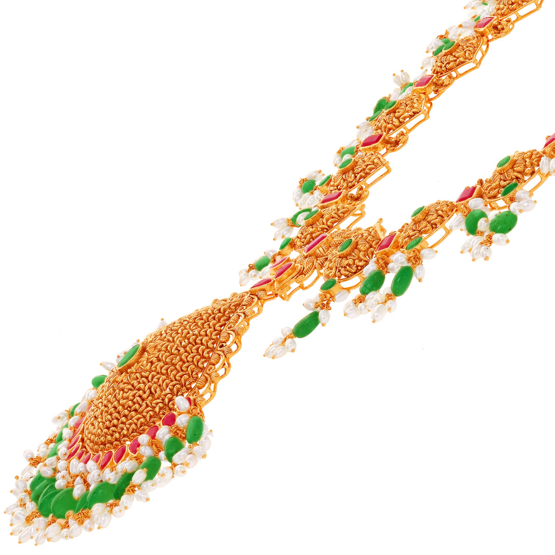 Antique Patta Haaram With Ruby Emerald & Pearl in 22K Gold