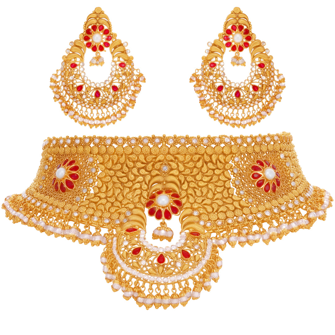 Intriguing Antique Choker Set With Ruby Pearl & Polki in 22K Gold