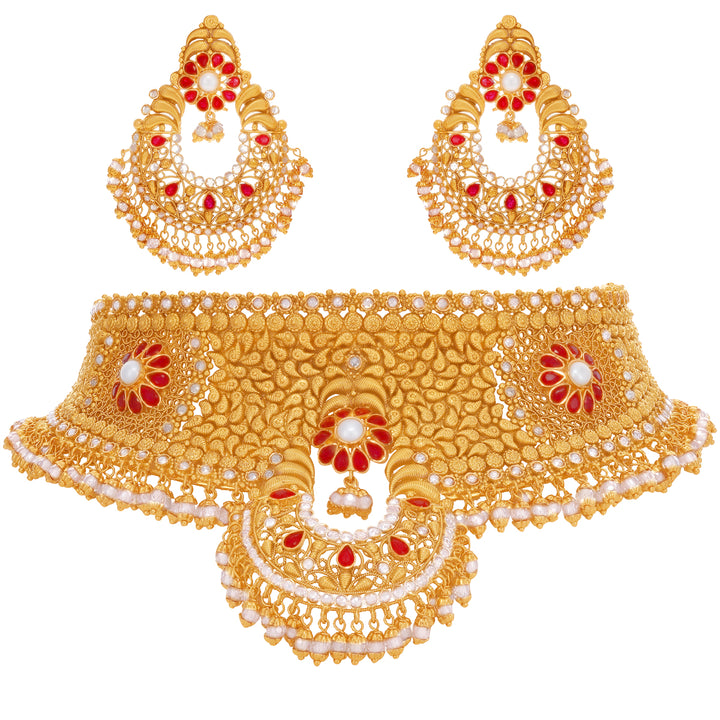 Intriguing Antique Choker Set With Ruby Pearl & Polki in 22K Gold