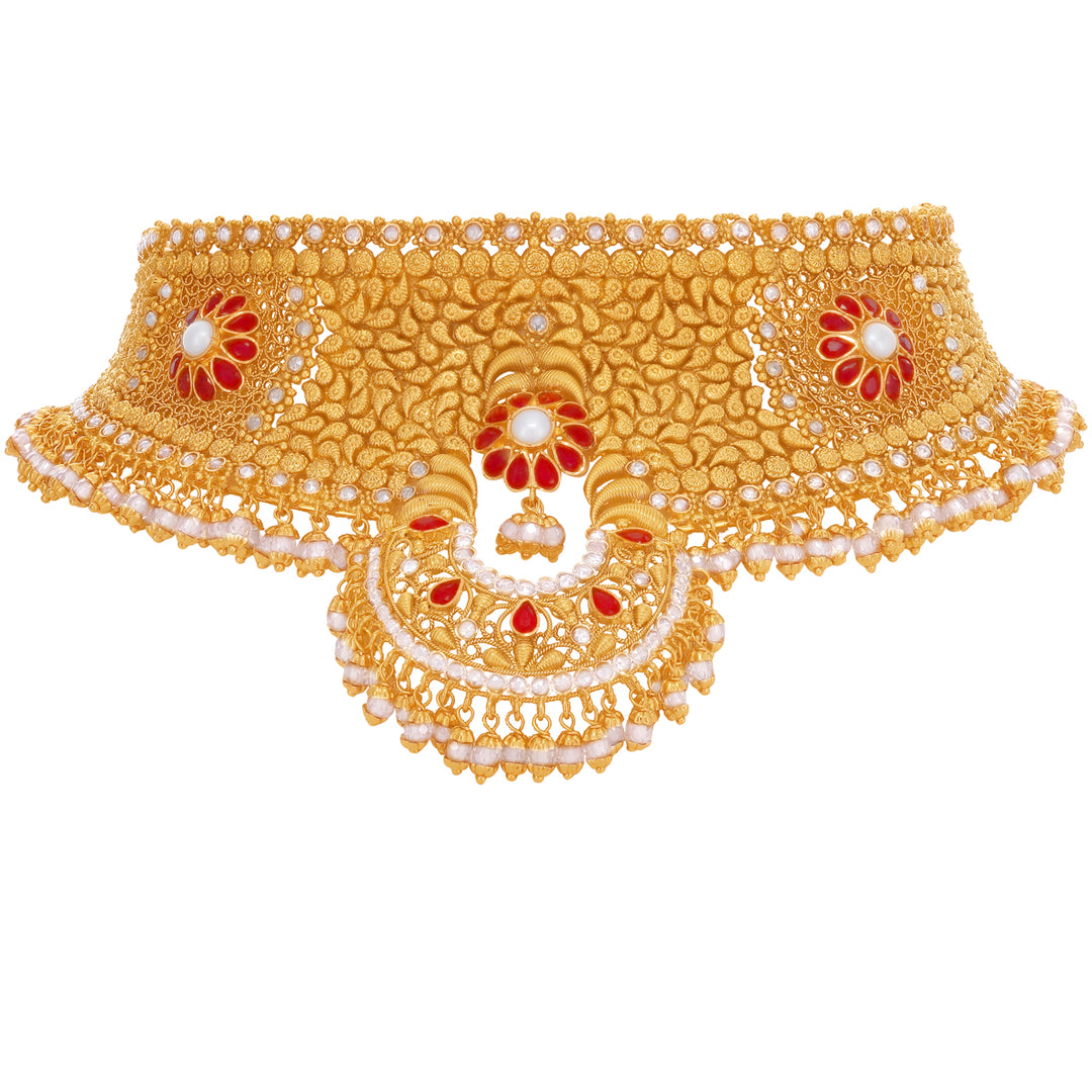 Intriguing Antique Choker Set With Ruby Pearl & Polki in 22K Gold