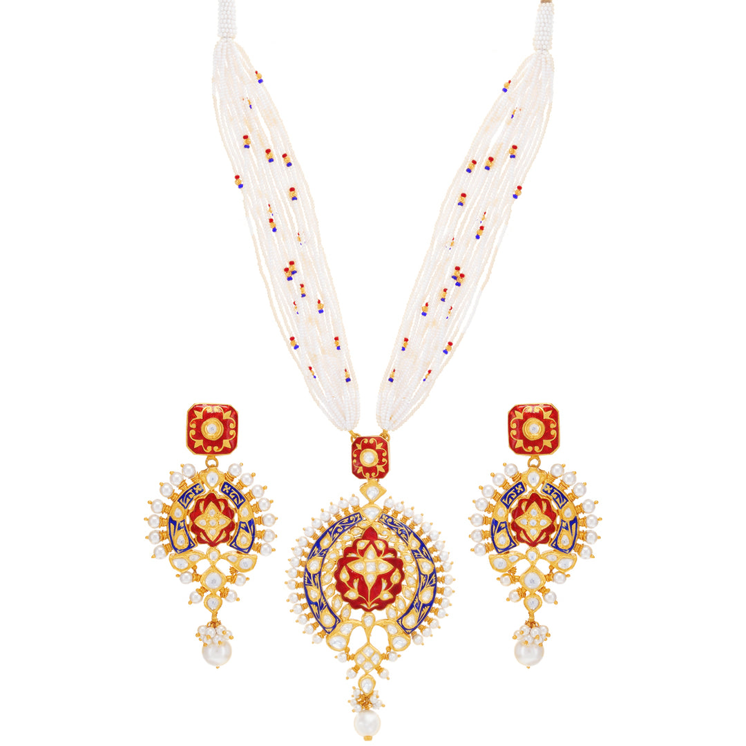 Elegant Antique Necklace Set With Pearl & Kundan in 22K Gold