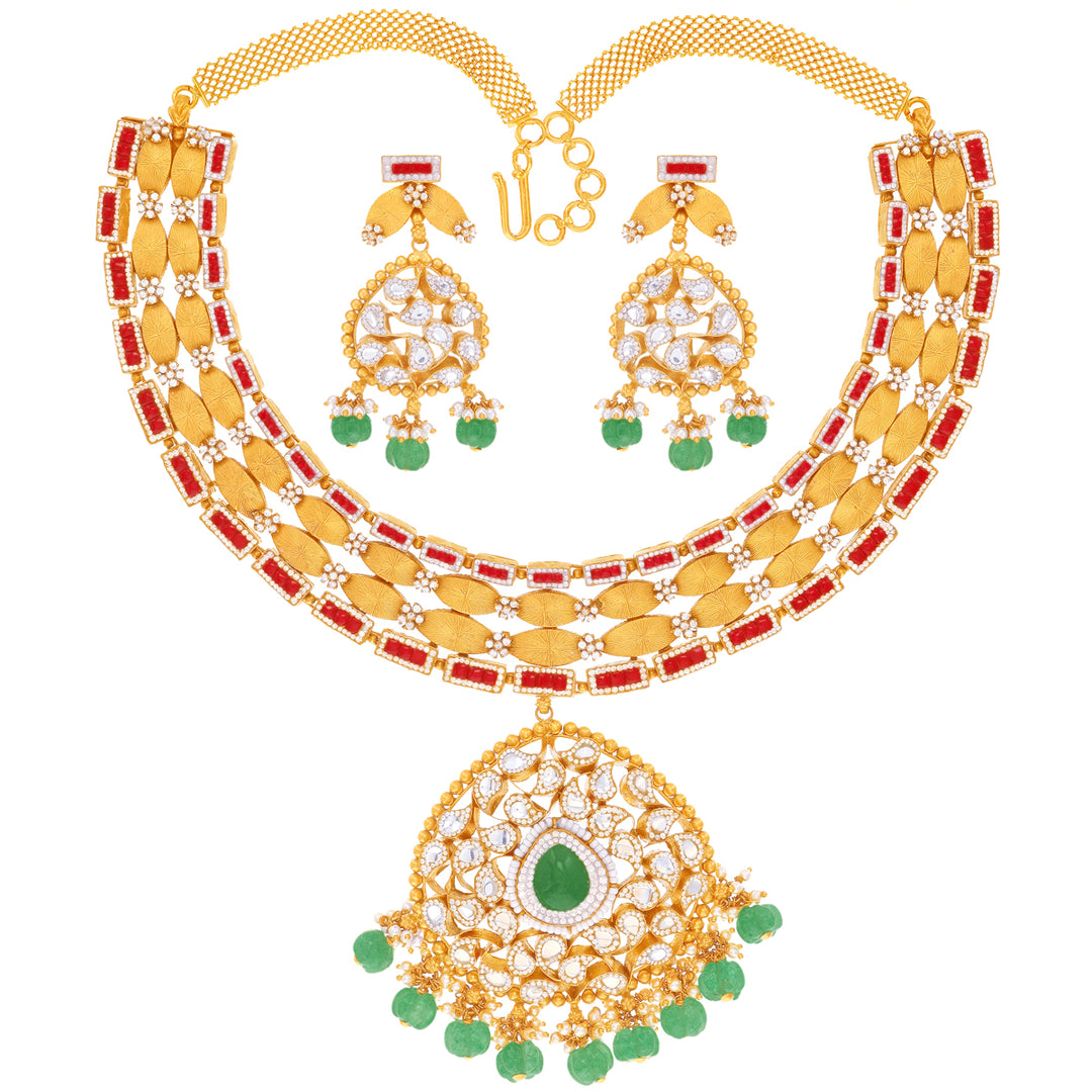 Gorgeous Antique Necklace Set With Kundan & Gemstones in 22K Gold
