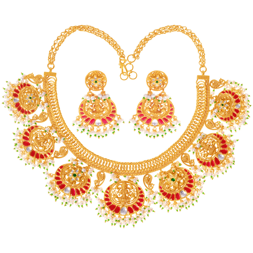 Fascinating Laxmi Antique Necklace Set With Kundan & Gemstones in 22K Gold