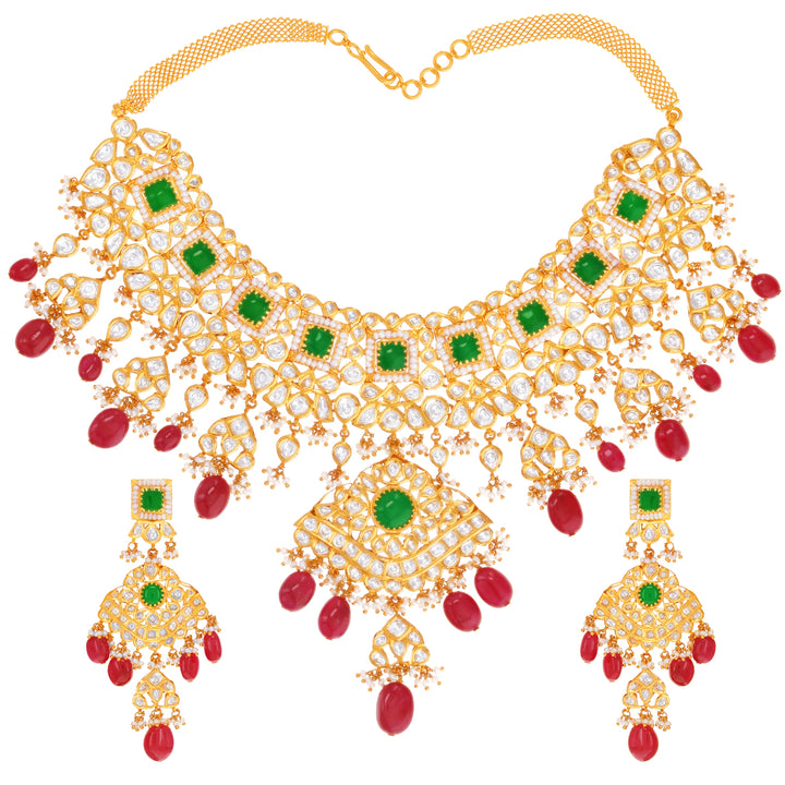 Artistic Antique Necklace Set With Kundan & Gemstones in 22K Gold