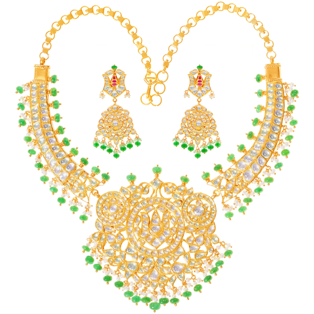 Opulent Antique Necklace Set With Kundan & Gemstones in 22K Gold
