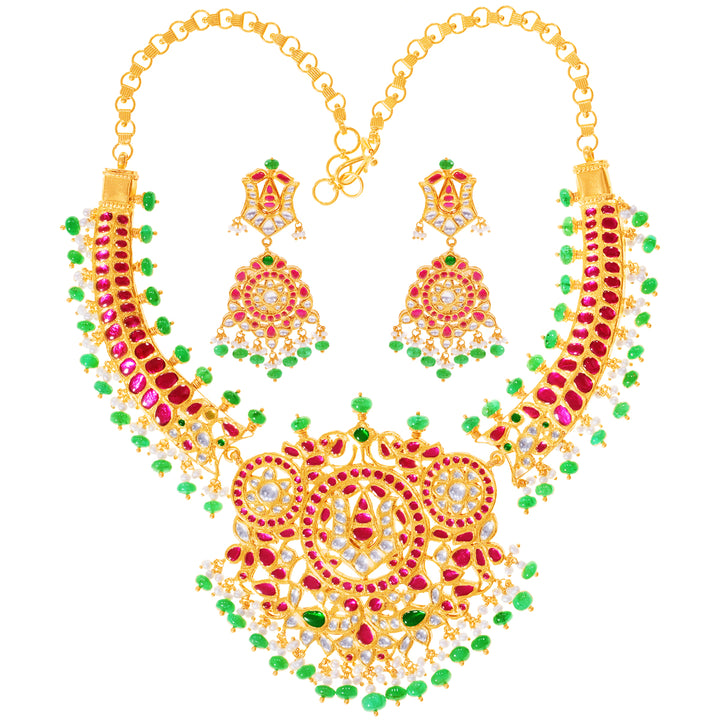 Opulent Antique Necklace Set With Kundan & Gemstones in 22K Gold