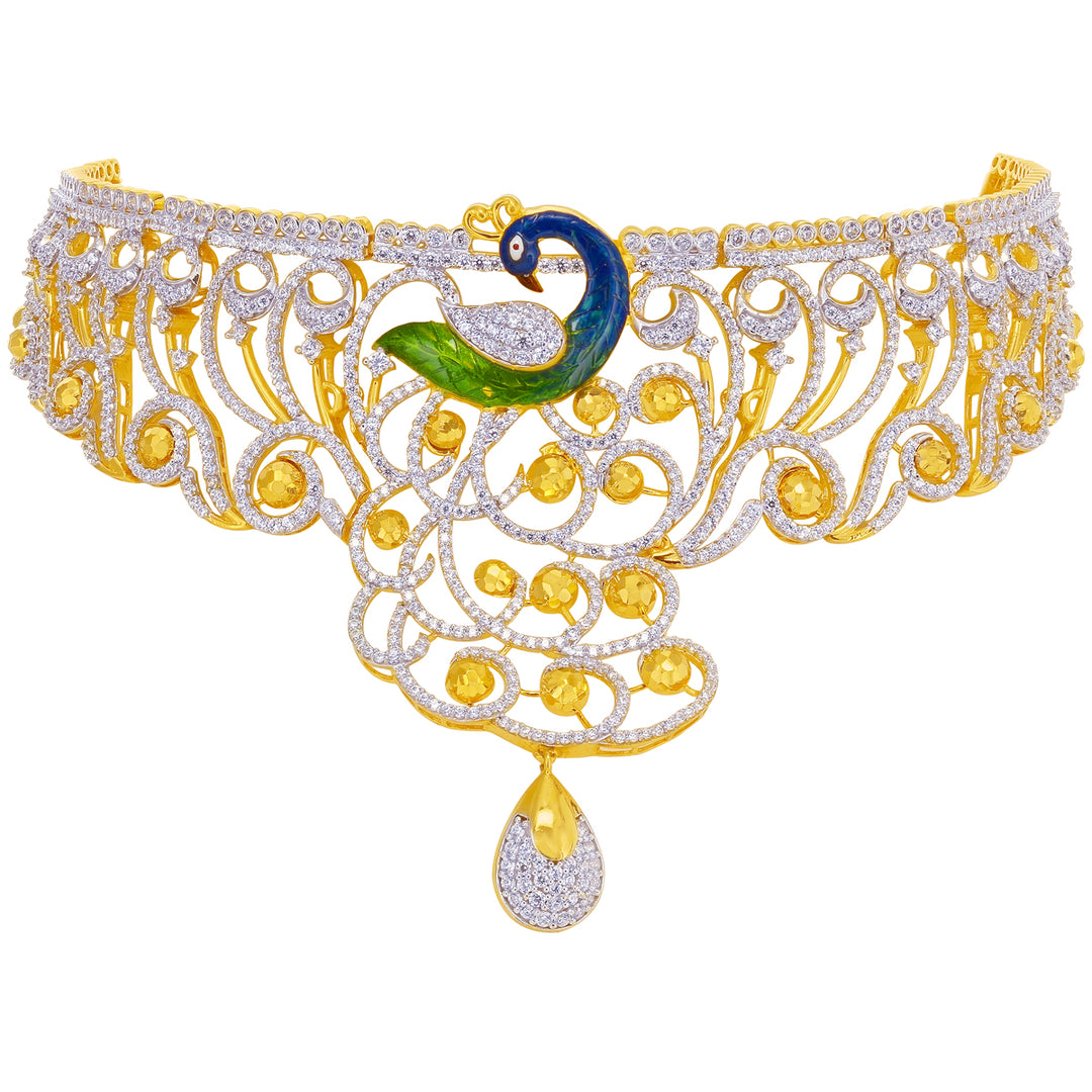 Brilliant Minakari Peacock Choker Set With CZ in 22K Gold