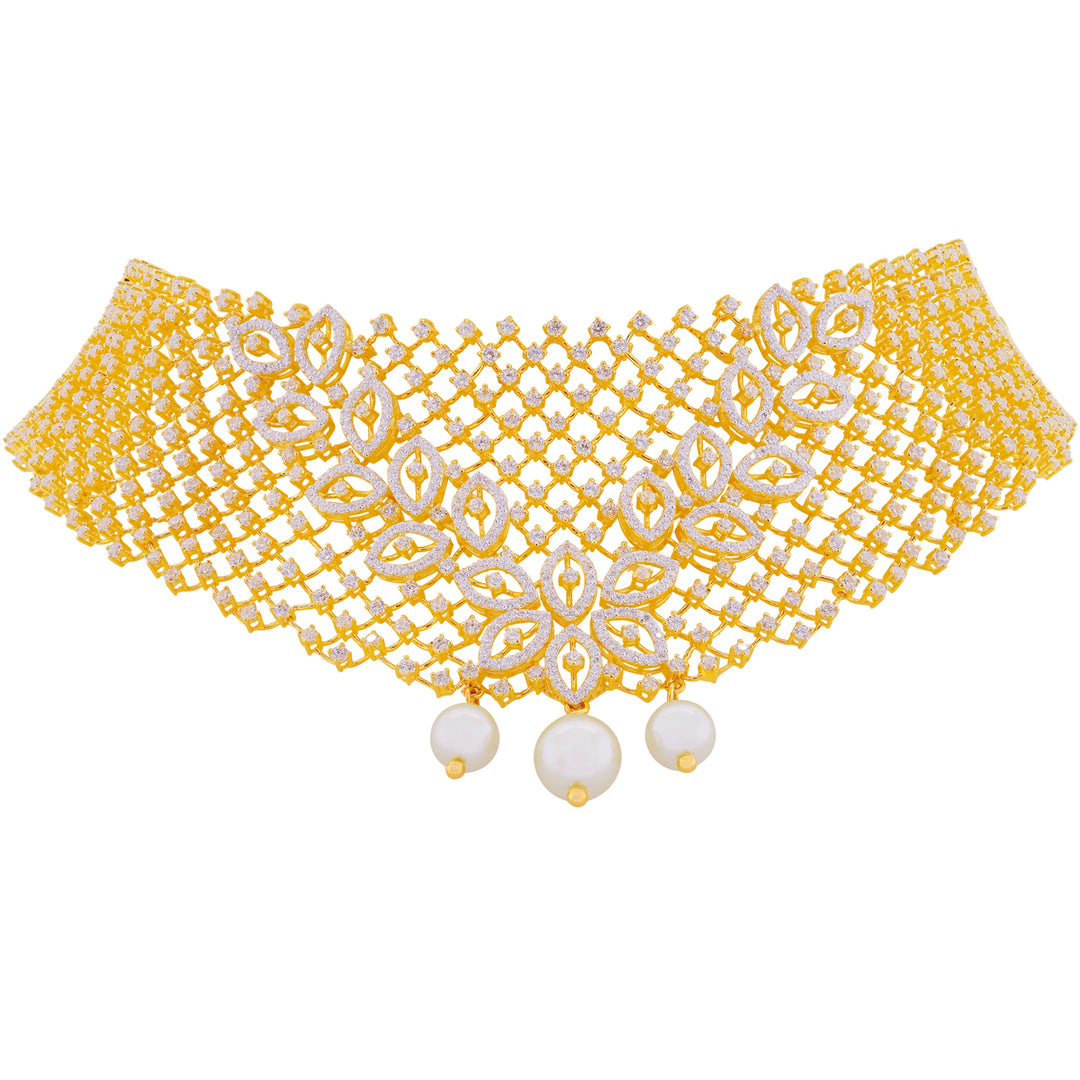 Artisan Necklace Set with CZ & Pearl in 22K Gold