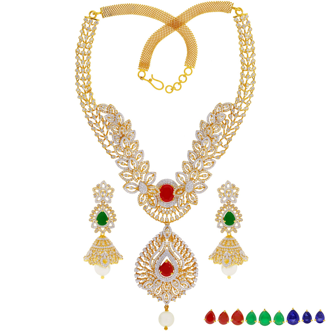 Detailed Necklace Set with Changeable Gemstones in 22K Gold