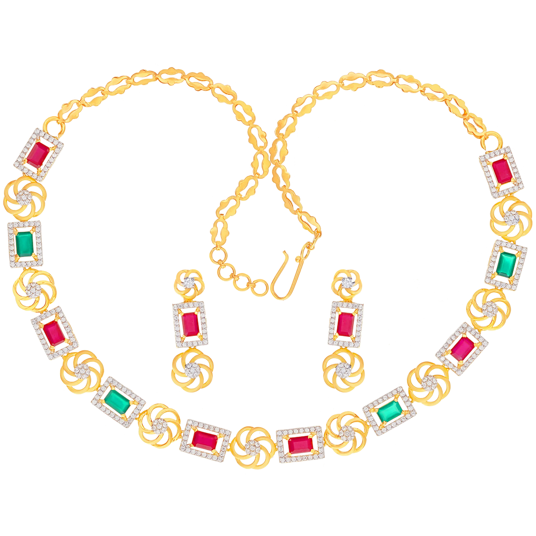 Ravishing Necklace Set with CZ & Gemstone in 22K Gold
